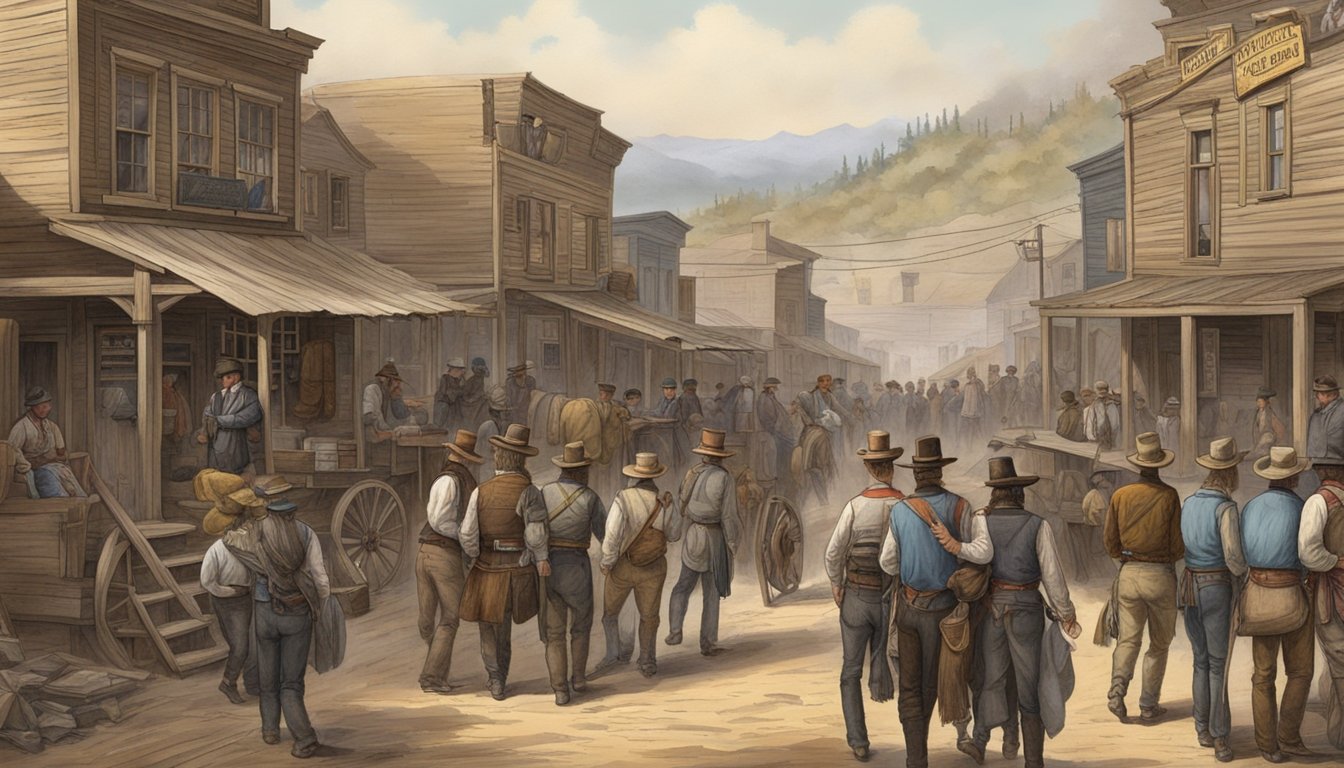 A bustling 1883 frontier town, with dusty streets and a mix of traditional western attire and emerging fashion trends