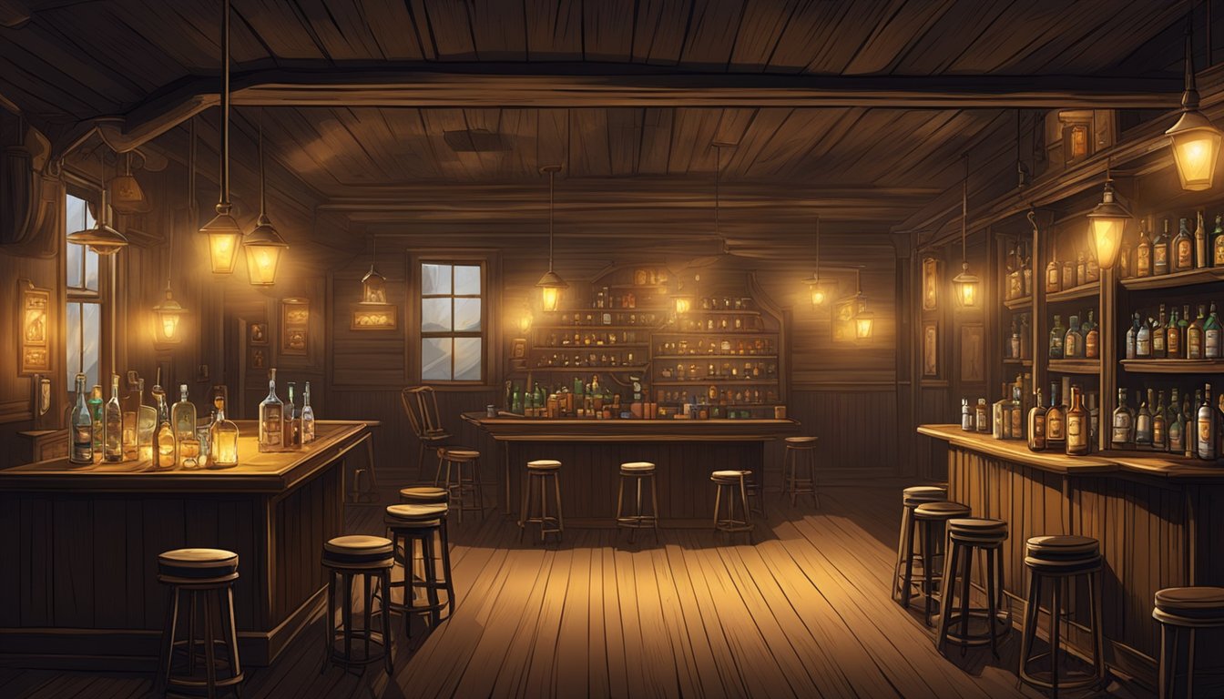 A dusty old saloon with whiskey bottles and poker tables, dimly lit by lanterns, evoking the ruggedness of the American frontier in the late 19th century