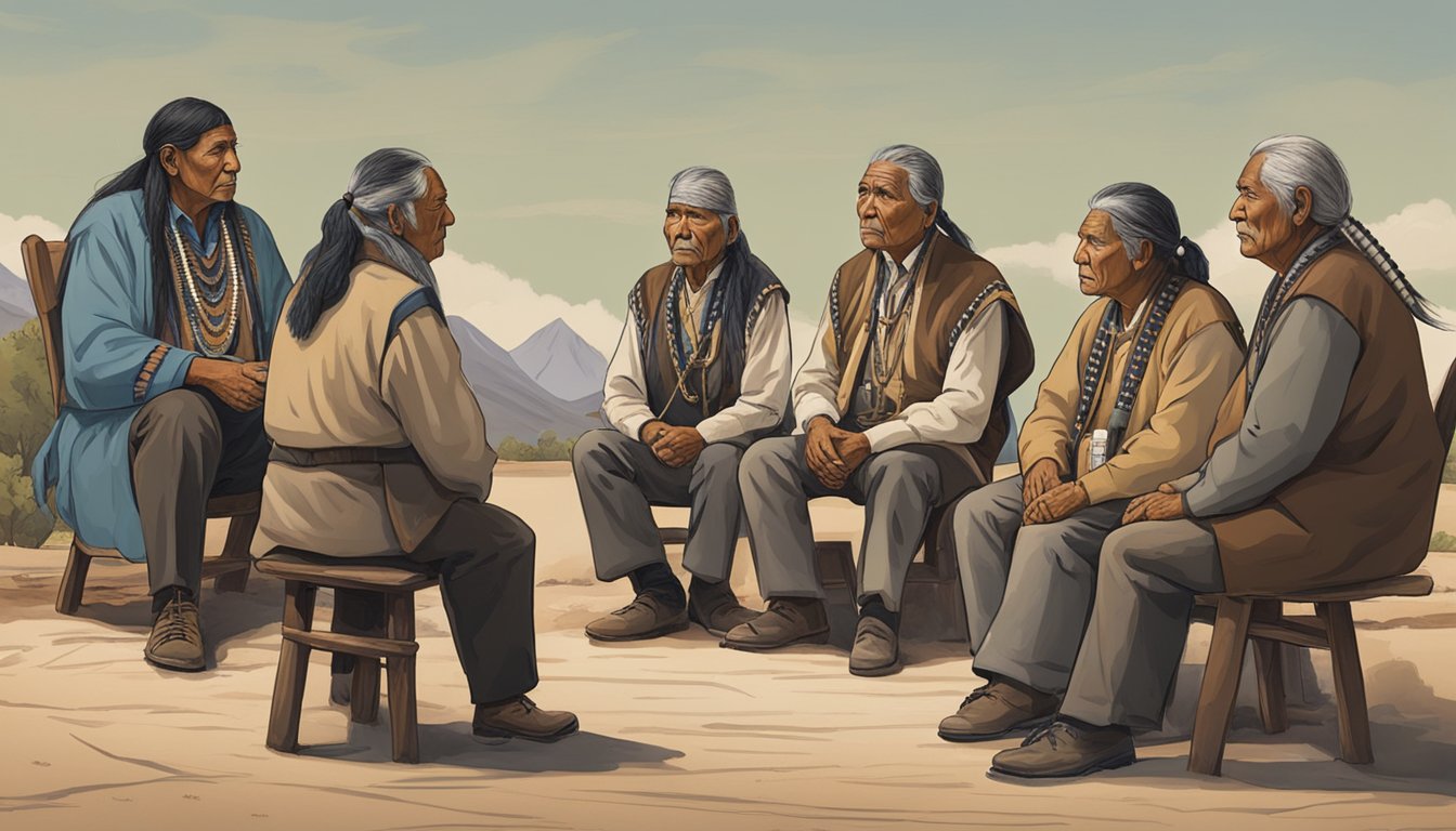 A group of Native American elders sit in a circle, discussing and critiquing the portrayal of their culture in the TV series "1883"