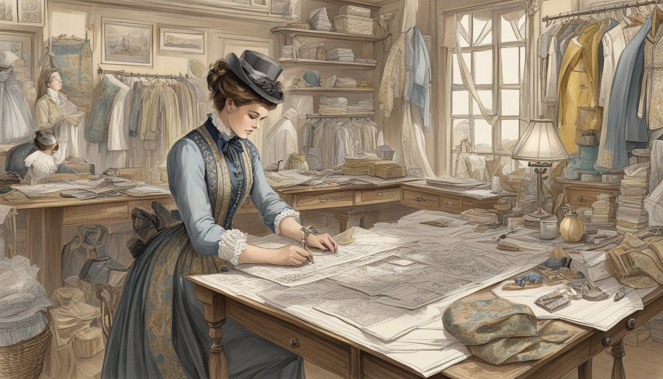 A costume designer surrounded by vintage fabrics, sketches, and sewing tools, creating elaborate frontier fashion designs for "1883"