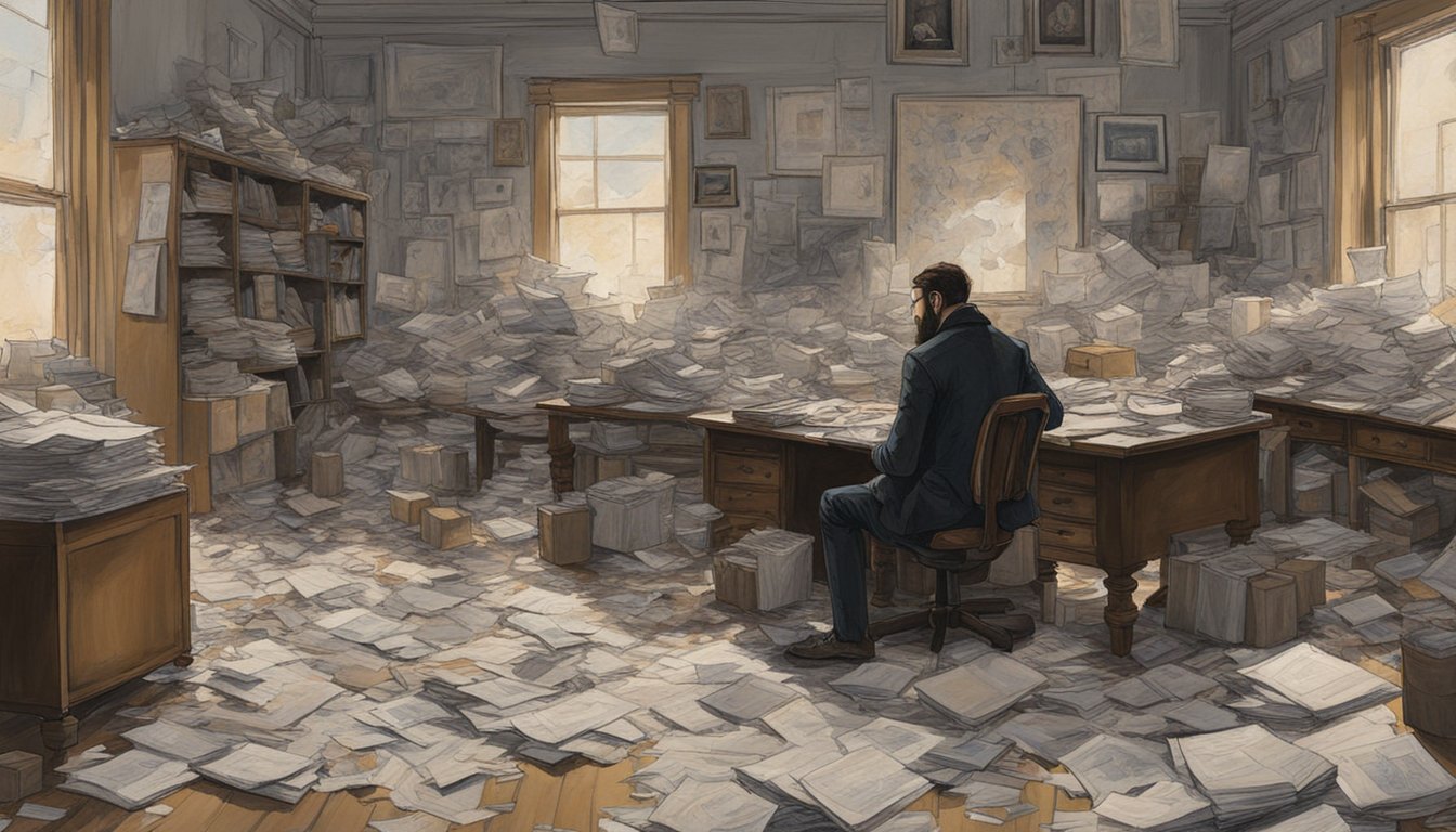 A lone figure stands in a dimly lit room, surrounded by scattered papers and ink-stained canvases. The air is heavy with the scent of oil paint as the artist meticulously captures the inner turmoil of Shea Brennan for the upcoming series "1883"