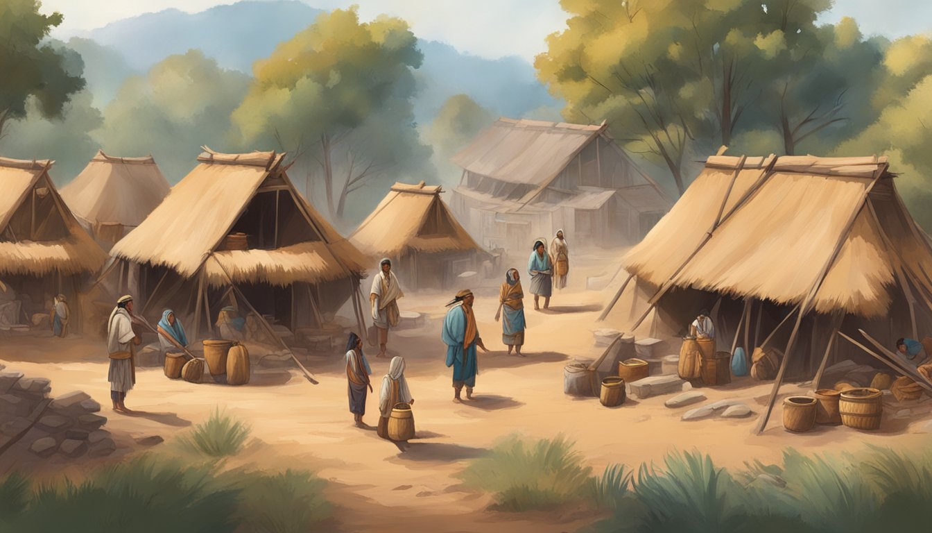 A Native American village with traditional dwellings and people engaged in daily activities