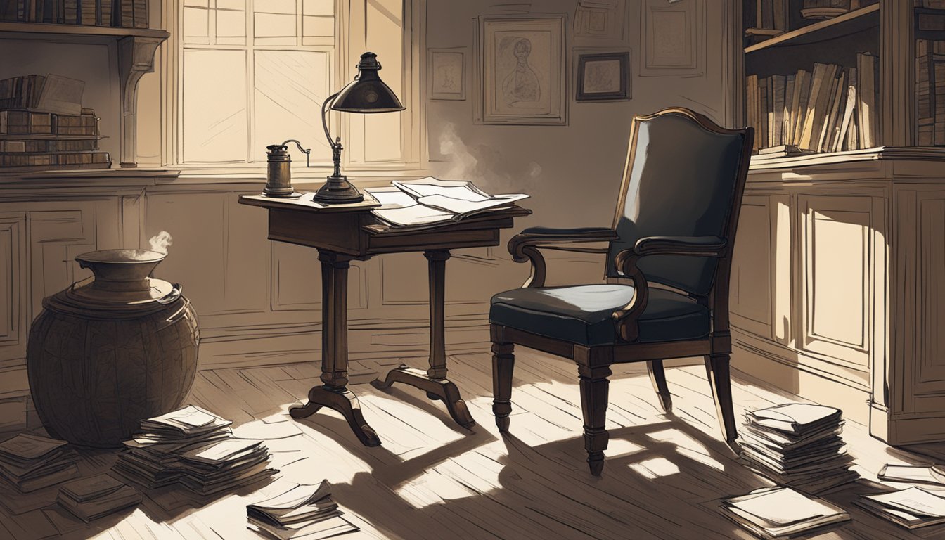 A dusty, dimly lit study with scattered papers and a worn leather chair. A flickering oil lamp casts eerie shadows on the walls