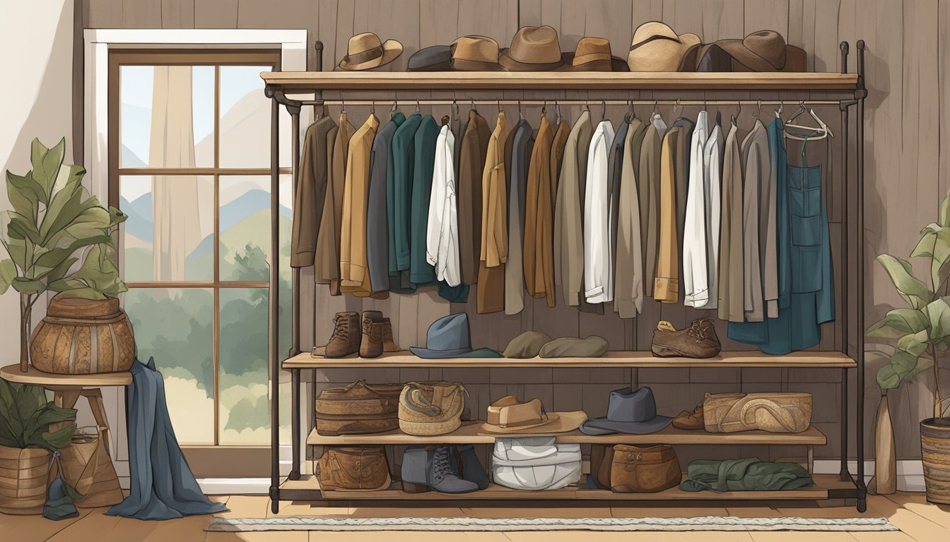 A rustic, western-inspired clothing rack displays a variety of intricate fabric patterns and a color palette of earthy tones