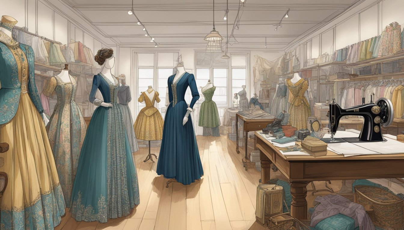 A bustling costume design studio filled with vintage fabrics, sewing machines, and sketches of elaborate 19th-century clothing. Mannequins display intricate dresses and suits while designers work on new creations