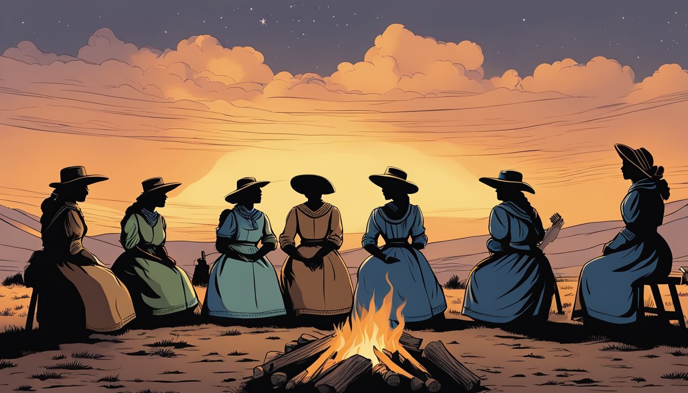 A group of pioneer women gather around a campfire, their silhouettes outlined against the vast western sky