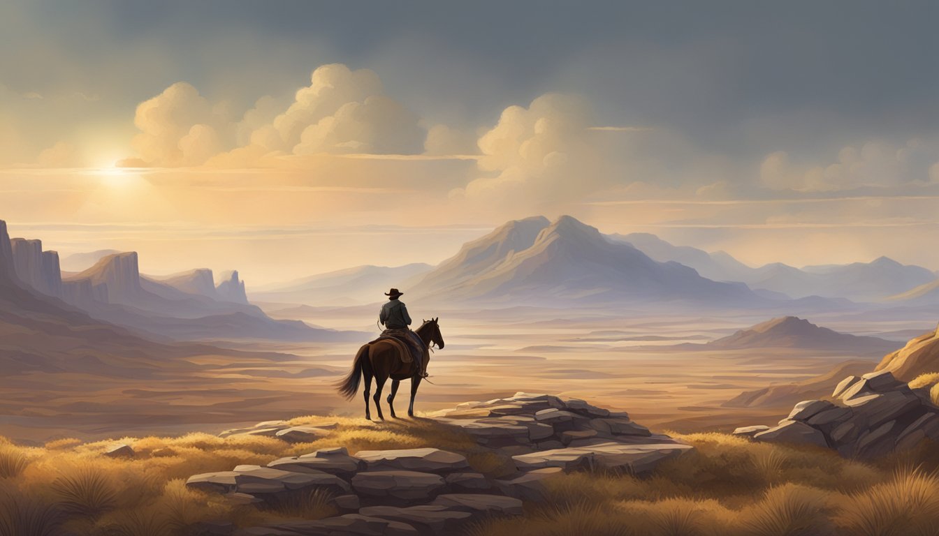 A rugged, Western landscape with a lone figure on horseback, surveying the vast expanse with a sense of determination and leadership