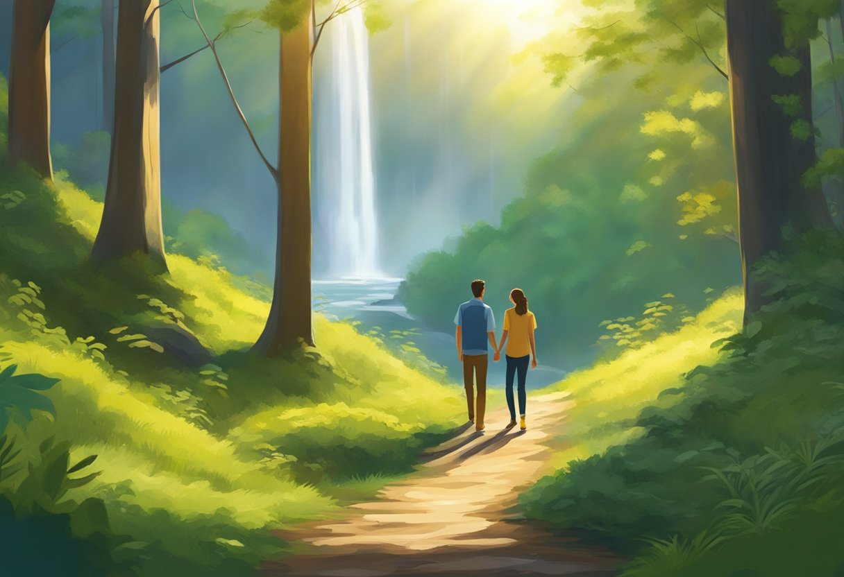 A couple walks hand in hand through a lush forest, sunlight filtering through the trees onto a winding trail. A picturesque waterfall cascades in the distance