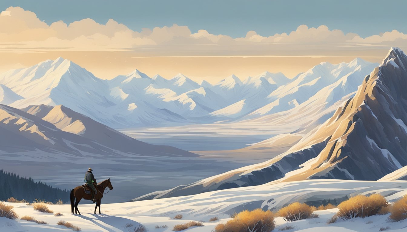 A lone figure on horseback surveys a vast, rugged landscape, with snow-capped mountains in the distance and a sense of determination in the air