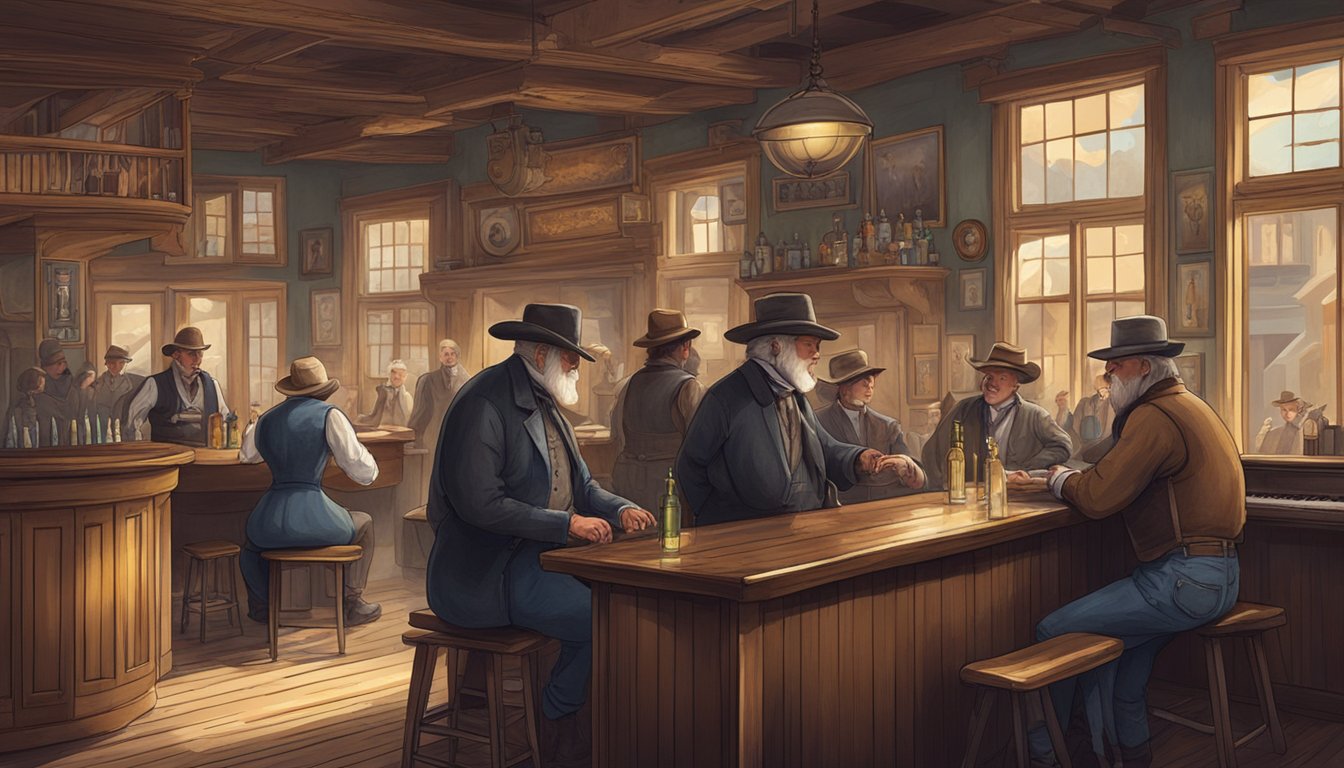 A dusty old saloon with a piano player, patrons drinking and chatting, and the sound of a fiddle in the background