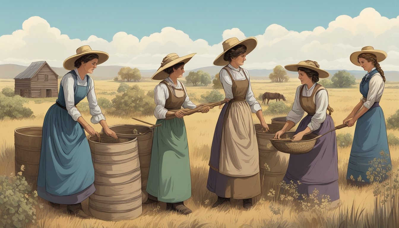 A group of pioneer women working together to build a homestead on the American frontier in the 1880s