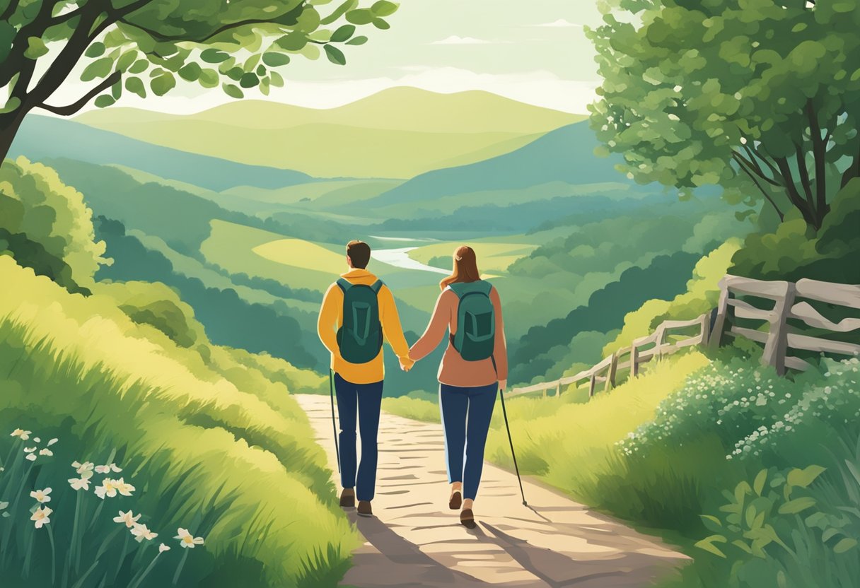 A couple walks hand-in-hand along a serene hiking trail in the UK, surrounded by lush greenery and scenic views, creating a romantic getaway