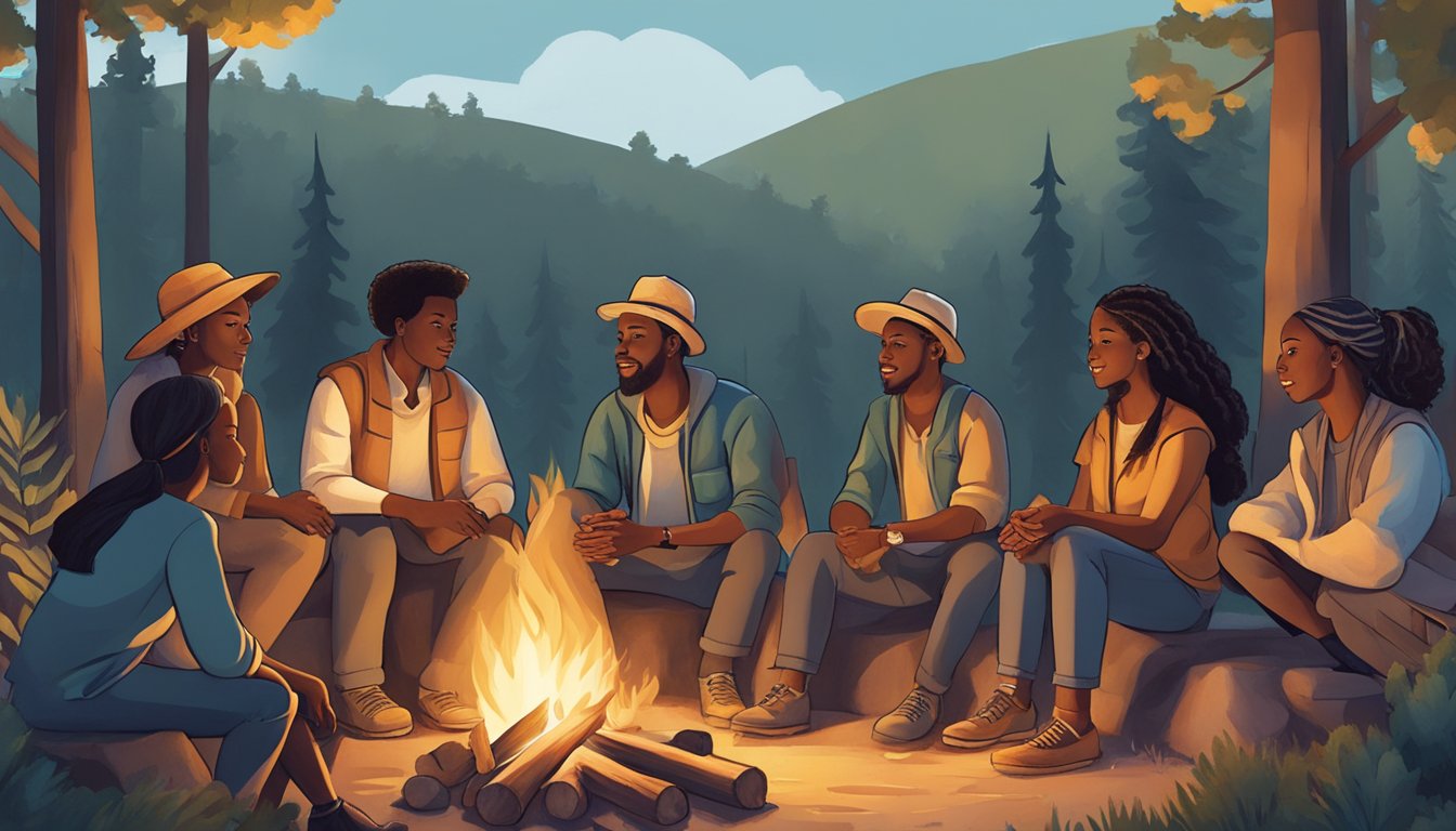 A group of diverse individuals gather around a campfire, sharing stories and wisdom. The scene exudes a sense of cultural impact and leadership lessons for future generations