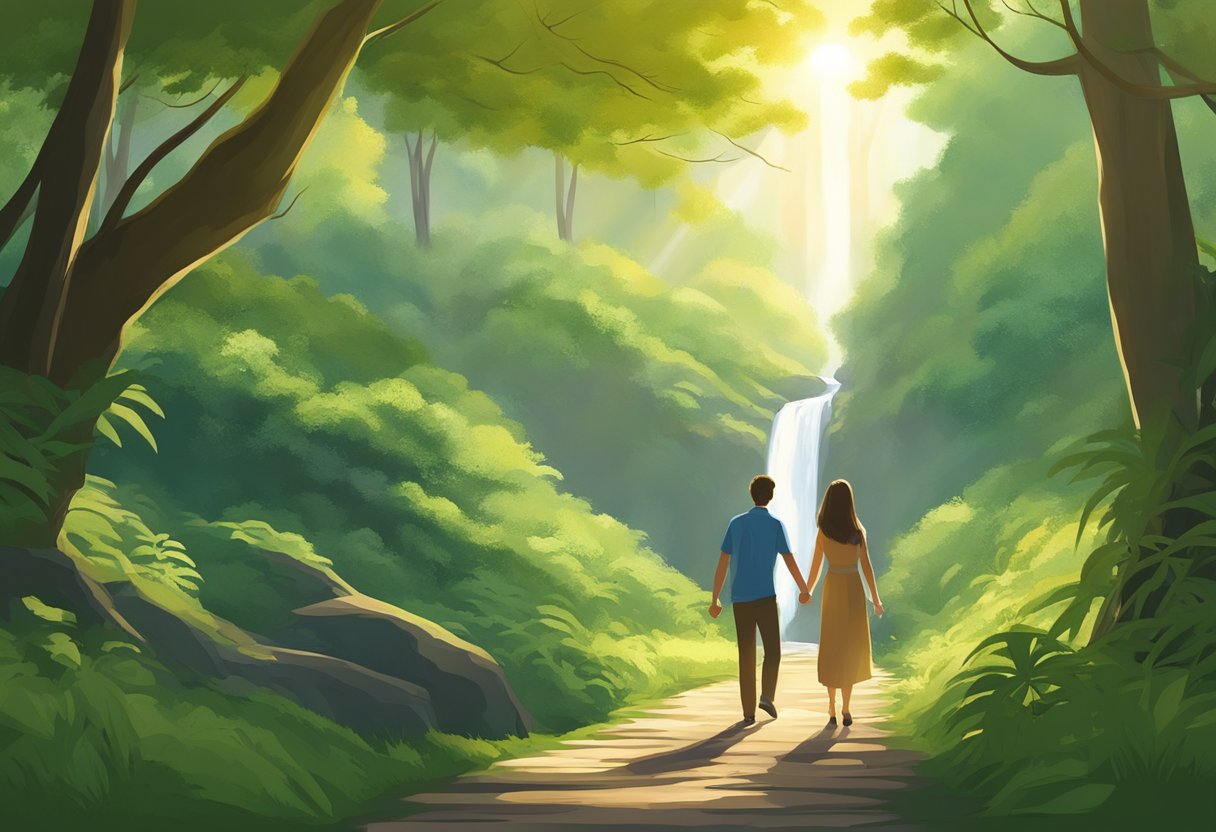 A couple walks hand in hand along a narrow path through a lush forest, with sunlight filtering through the canopy and a picturesque waterfall in the distance