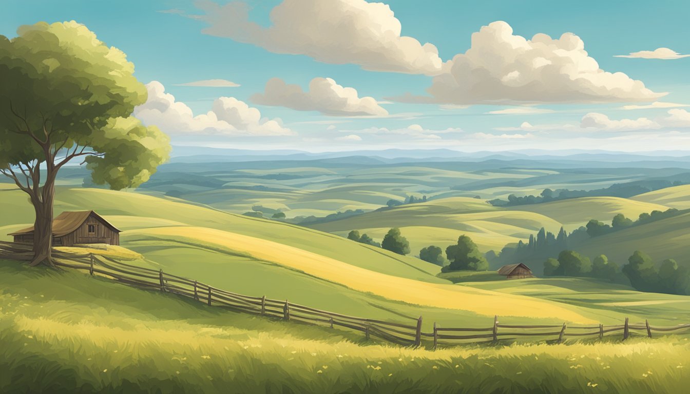 A grand, rustic landscape with rolling hills and a vast, open sky. A sense of adventure and nostalgia is captured in the scene