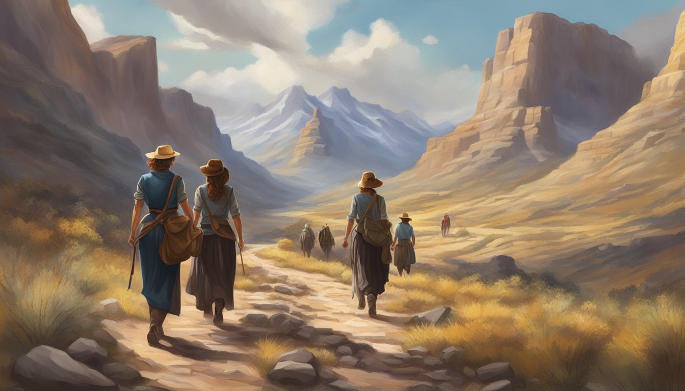 A group of determined women forging a path through a rugged western landscape, symbolizing strength and resilience