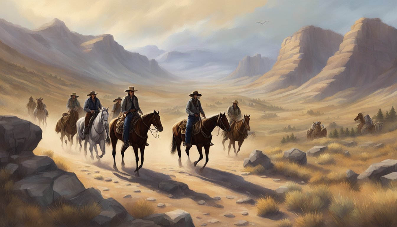 A rugged cowboy leading a group of settlers through a harsh, unforgiving landscape