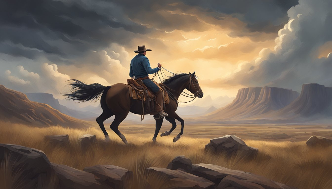 A cowboy riding through a vast, rugged landscape with a stormy sky overhead, while a haunting melody plays in the background