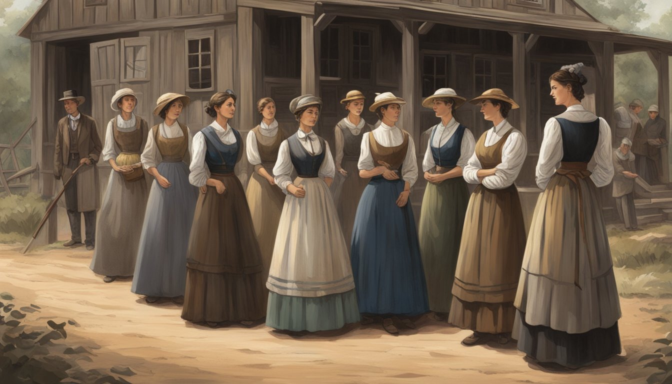 A group of determined women gather in a rustic setting, symbolizing their impact and reception as pioneering figures in the historical drama "1883."