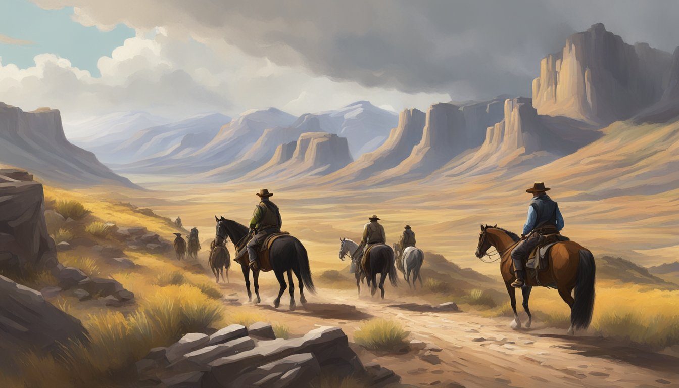 A rugged, western landscape with a lone figure on horseback leading a group of settlers through challenging terrain