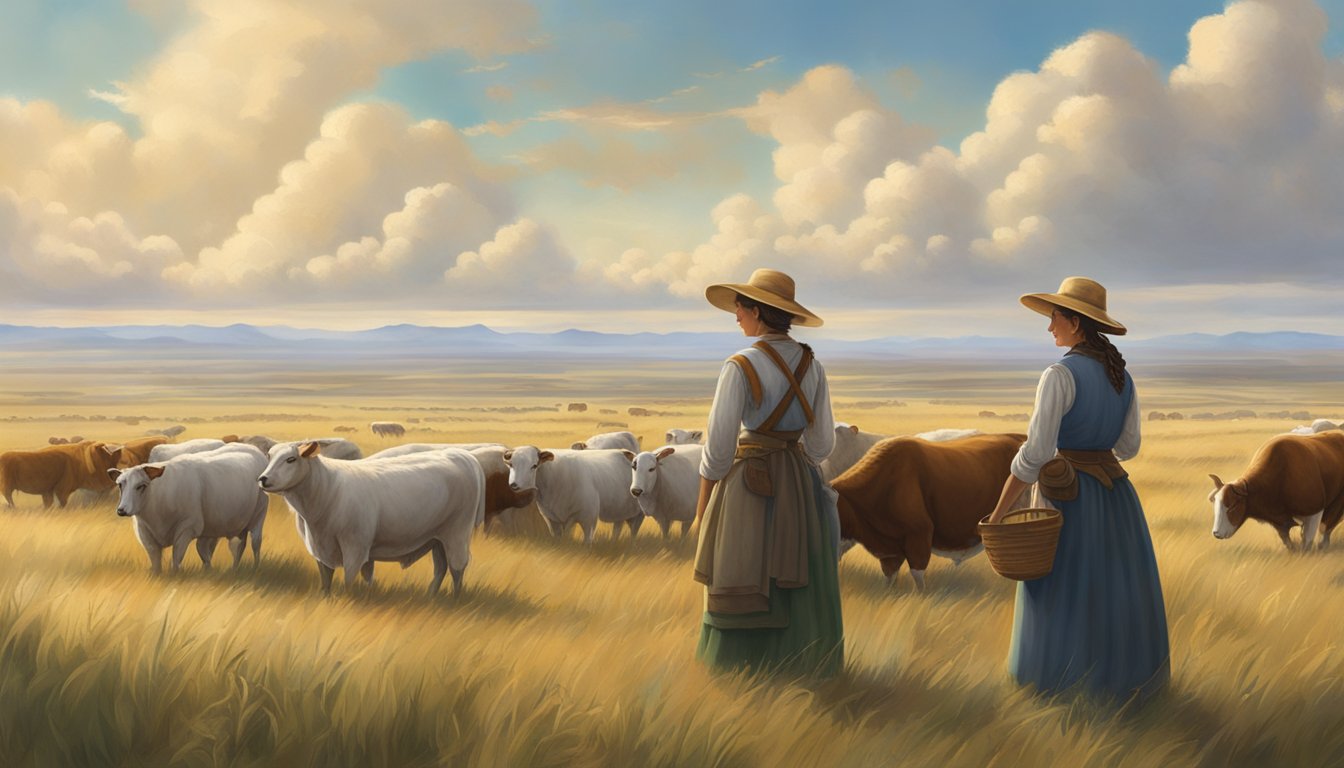 A group of pioneer women tending to livestock and crops on the open prairie under a vast, cloud-filled sky