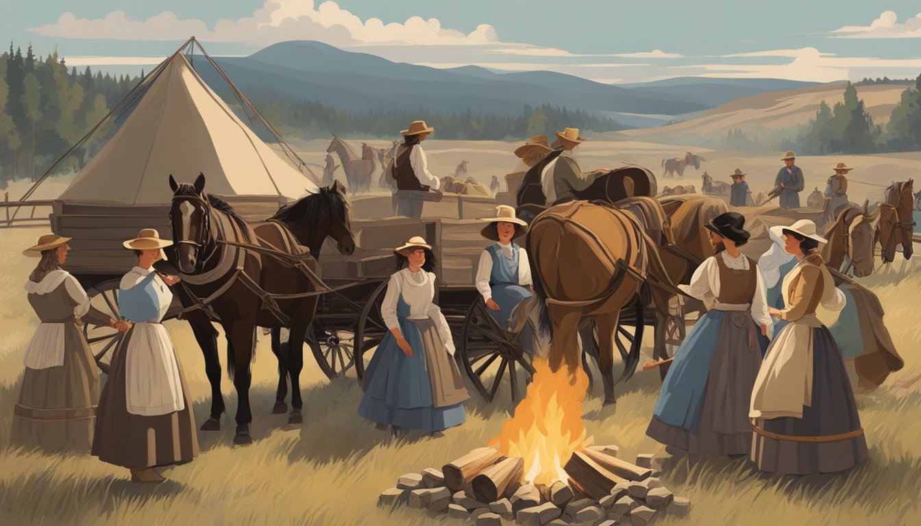 A group of pioneer women gather around a campfire, with wagons and horses in the background. The women are depicted as strong and resilient, embodying the spirit of the American frontier