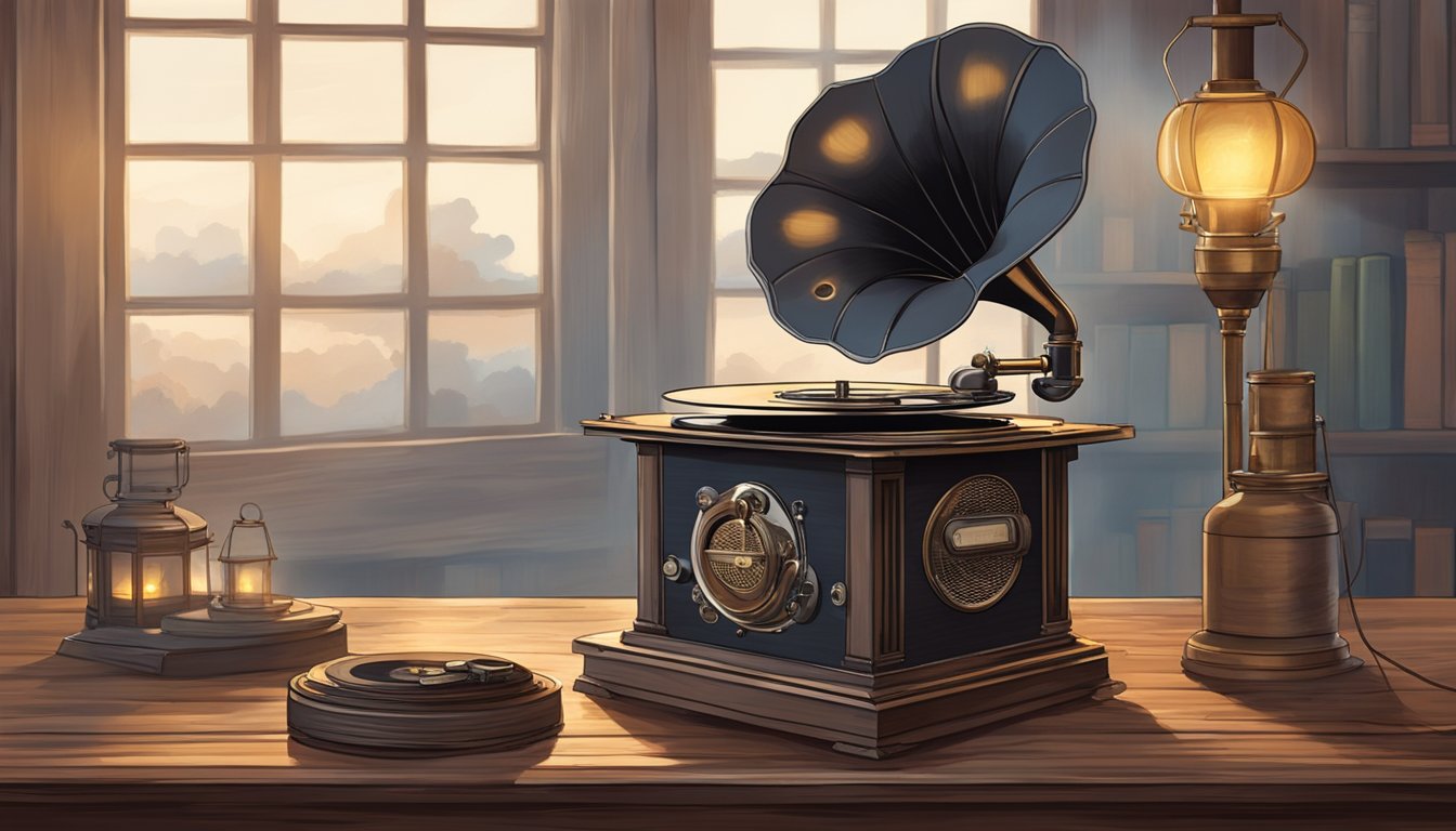 A dusty old phonograph sits on a weathered wooden table, surrounded by flickering lantern light. The sound of crackling vinyl fills the air, transporting listeners to the world of "1883."