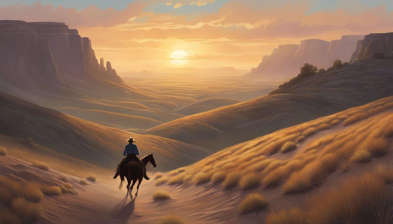 A dusty trail winds through the rugged landscape, with a lone figure on horseback silhouetted against the setting sun, while the haunting strains of a fiddle weave through the air