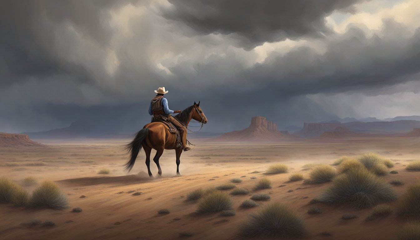 A lone cowboy rides through a rugged, desolate landscape, with a storm brewing in the distance. The wind howls as he presses on, his horse's hooves echoing against the barren terrain