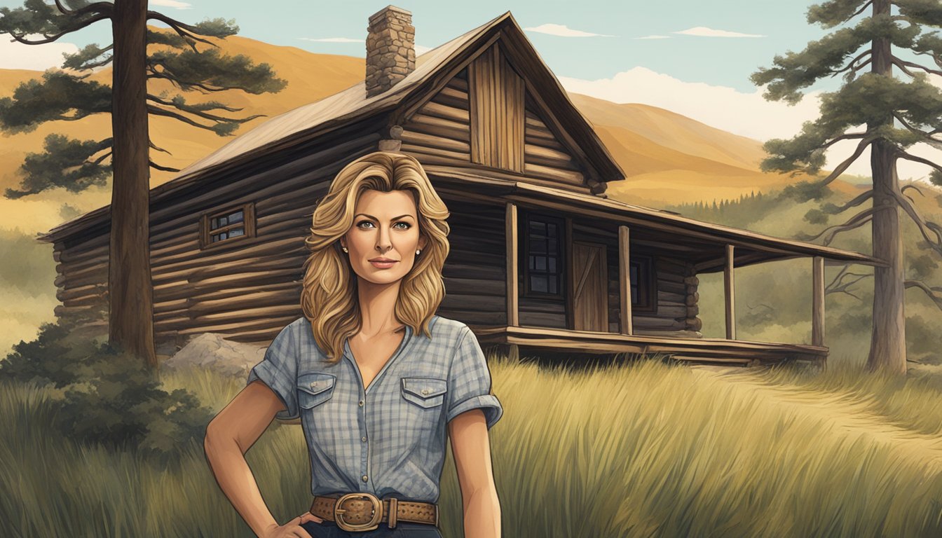 Faith Hill as Margaret Dutton, standing in front of a rustic log cabin with a determined expression, surrounded by rolling hills and a vast western landscape