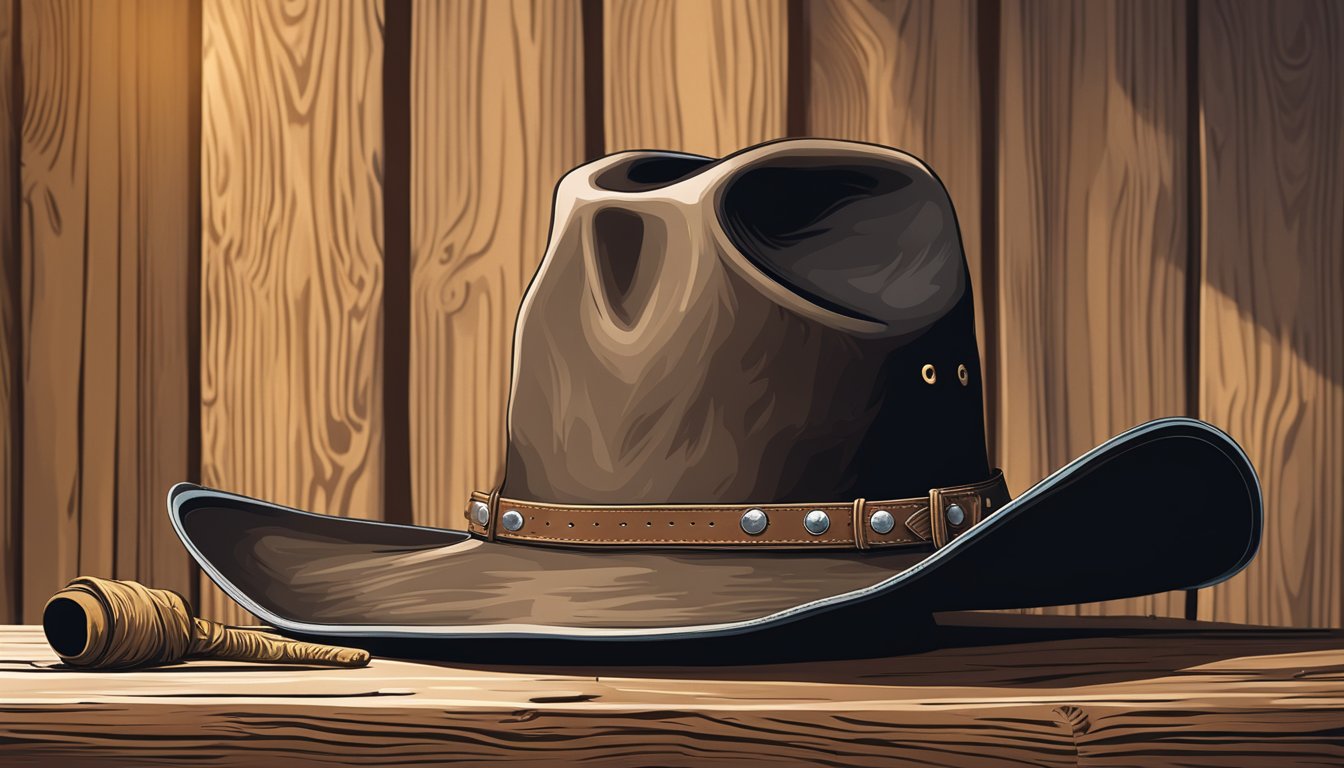 A rugged cowboy hat rests on a weathered wooden table, casting a shadow over a pair of well-worn leather boots