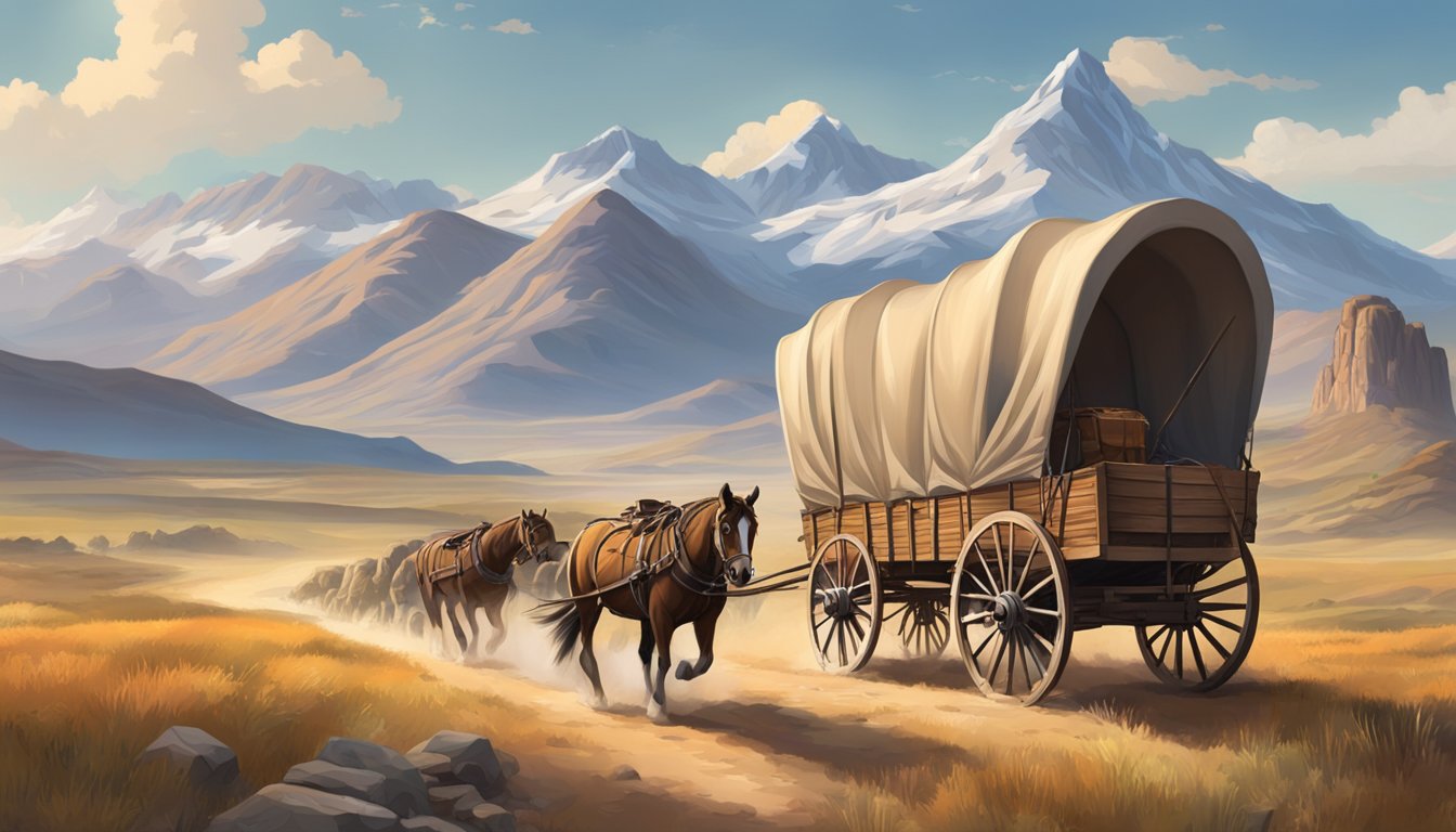 A covered wagon travels through rugged terrain, surrounded by vast open prairies and towering mountains