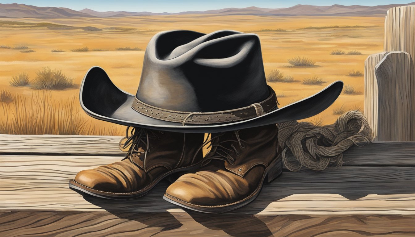 A rugged cowboy hat rests on a weathered fence post, casting a shadow over a pair of well-worn boots. A lone tumbleweed rolls by, capturing the essence of the American frontier