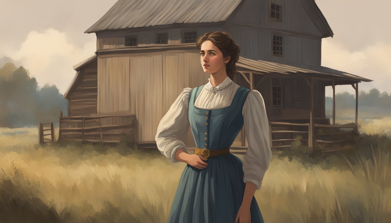 A young woman in a 19th century dress stands in a rustic, rural setting, gazing off into the distance with a mix of determination and vulnerability in her expression