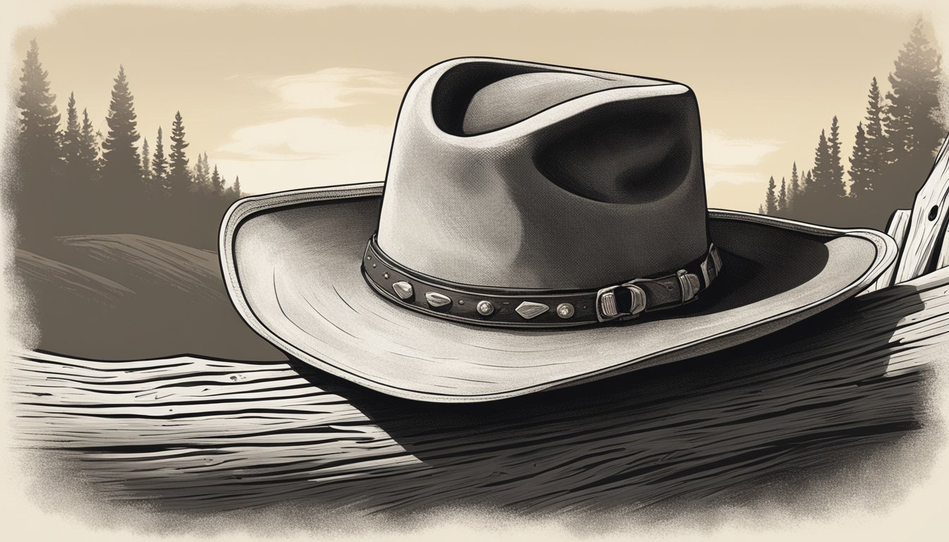 A rugged cowboy hat hangs on a weathered fence post, casting a shadow over a dusty trail