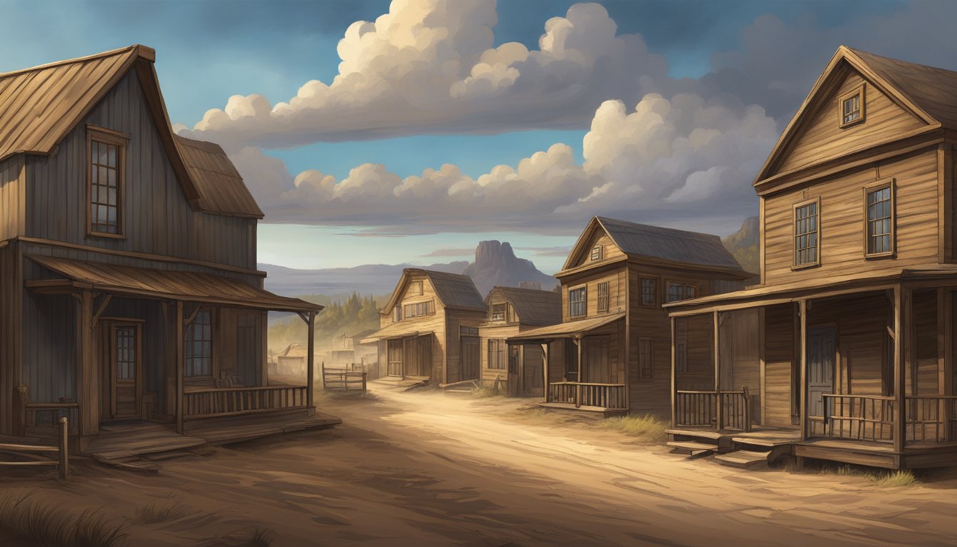 A rugged, 19th-century Western town with wooden buildings and dirt roads, set against a dramatic sky