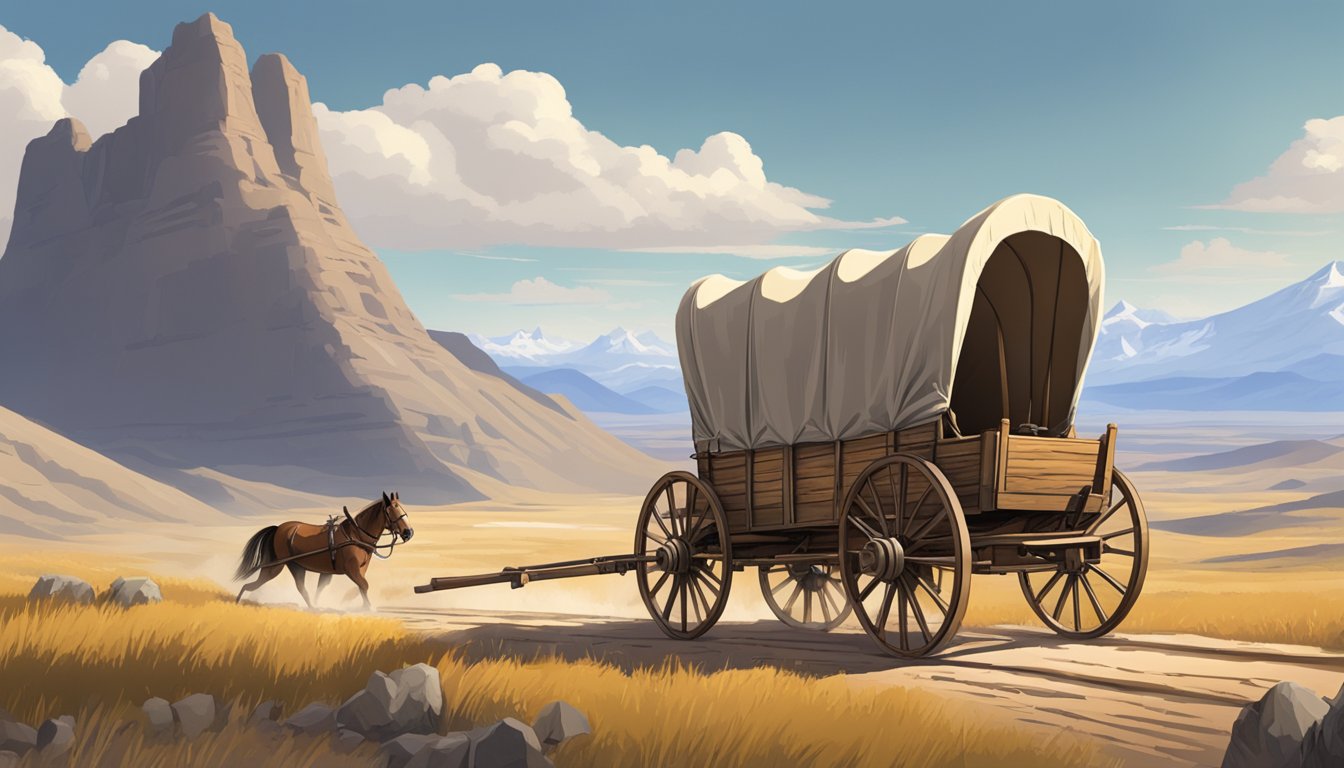 A covered wagon travels through rugged terrain, passing by towering mountains and wide open plains, with the vast expanse of the Oregon Trail stretching out before it