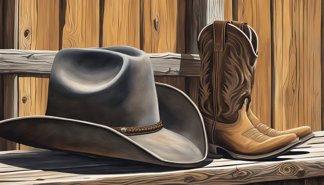 A rugged cowboy hat hangs on a weathered wooden fence, casting a shadow over a pair of well-worn boots. A dust-covered saddle leans against the fence, while a lone tumbleweed rolls by in the background