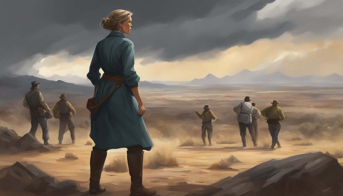 A tense moment as Margaret Dutton confronts a group of men, her expression determined and fearless. The setting is a rugged, dusty landscape with a storm brewing in the background