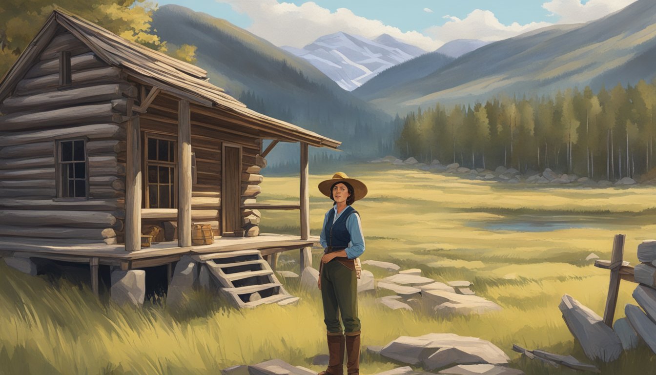 Margaret Dutton stands in front of a rustic cabin, gazing out at the vast, untamed landscape of the American frontier. Her expression reflects determination and resilience