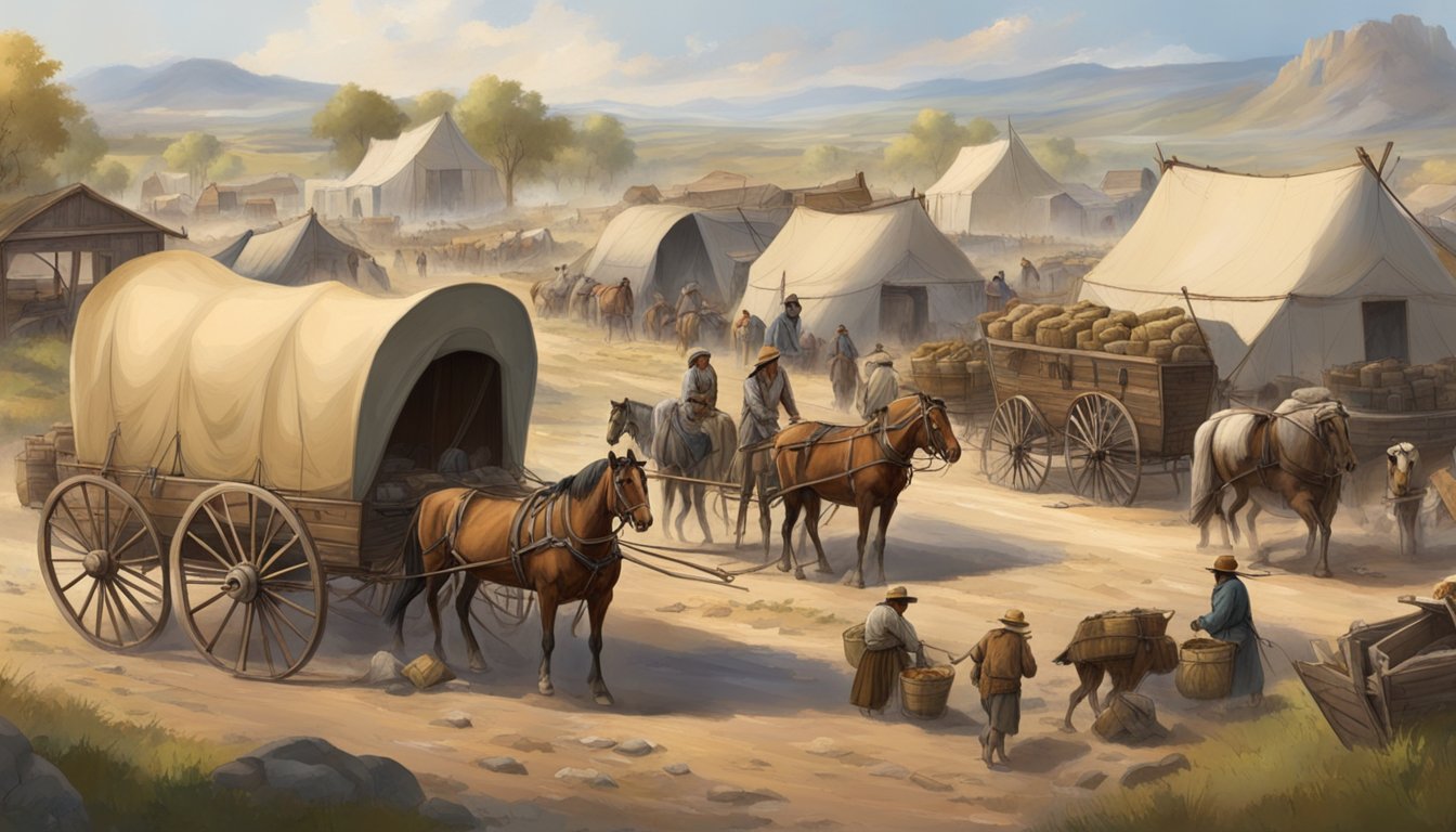 A bustling settlement with covered wagons, livestock, and people unloading supplies. The aftermath of a long journey evident in worn-out travelers and exhausted animals