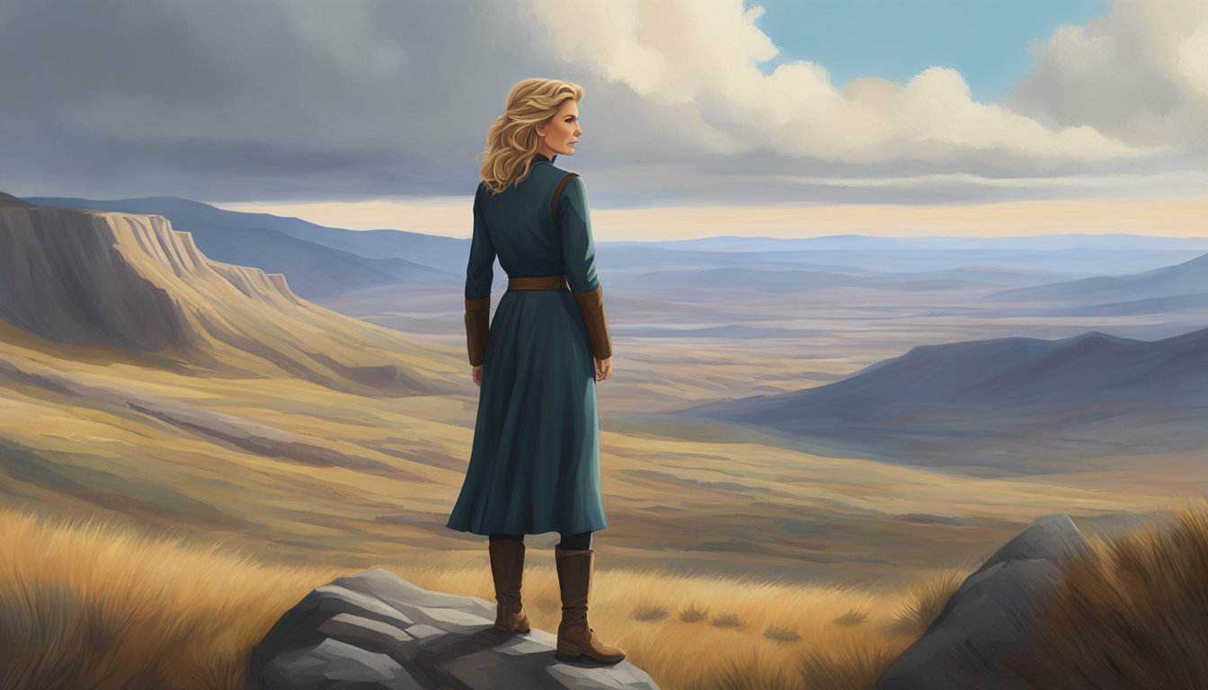 Faith Hill's character, Margaret Dutton, stands in a vast, rugged landscape, gazing into the distance with determination and resilience