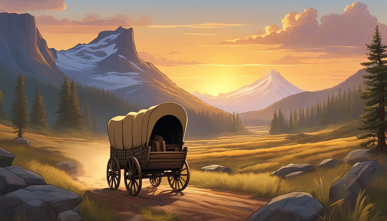 A covered wagon travels through rugged terrain, passing by towering mountains and dense forests. The setting sun casts a warm glow over the landscape, highlighting the beauty and challenges of the Oregon Trail