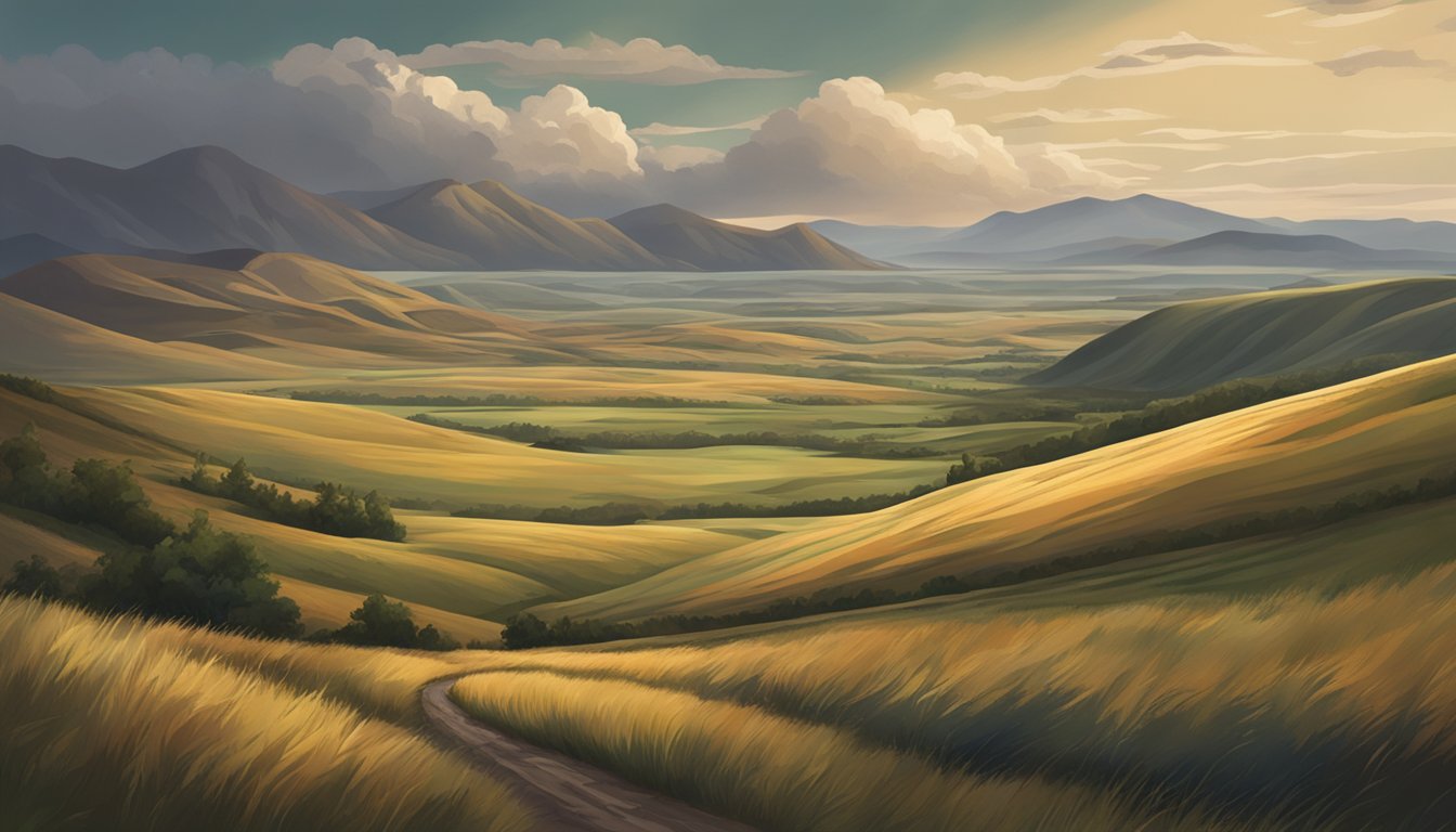 A vast, untamed landscape with rolling hills, rugged mountains, and expansive prairies under a dramatic, moody sky