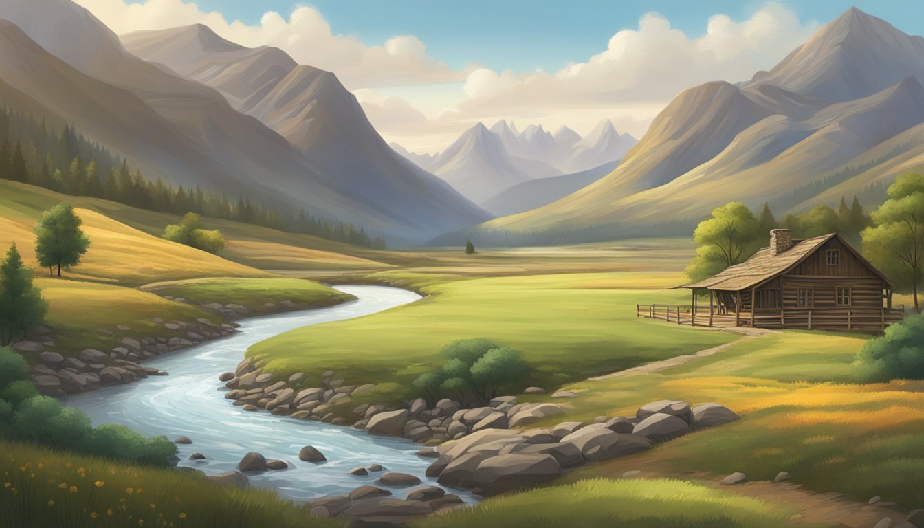 A vast, rugged landscape with rolling hills, towering mountains, and a winding river. A lone homestead sits in the distance, surrounded by untamed wilderness