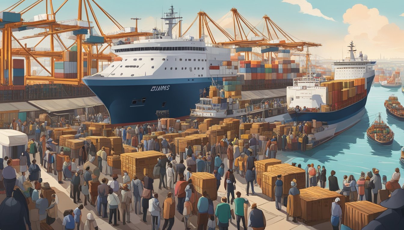 A crowded, bustling port with ships docked and people boarding. Luggage and crates are being loaded onto the vessels as families bid tearful farewells