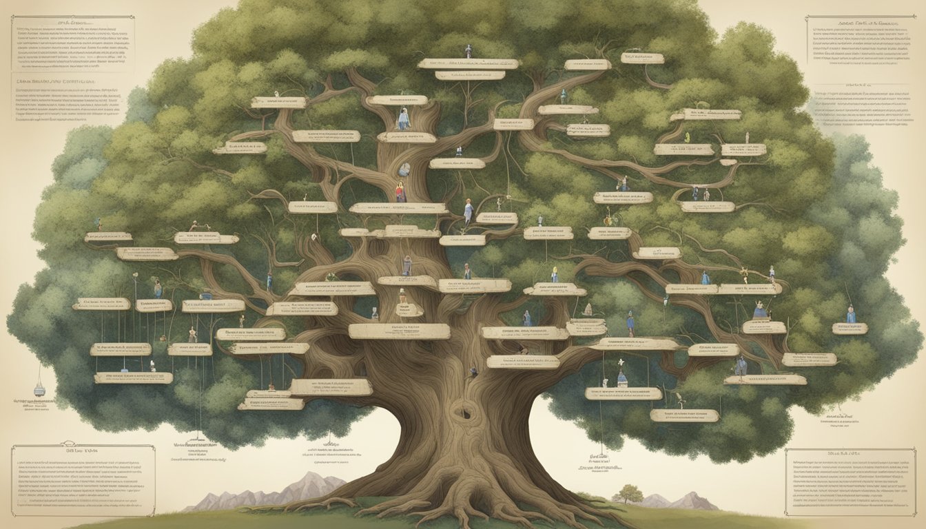 A sprawling family tree with branches connecting the Dutton family members from "1883" to "Yellowstone", showing relationships and key characters