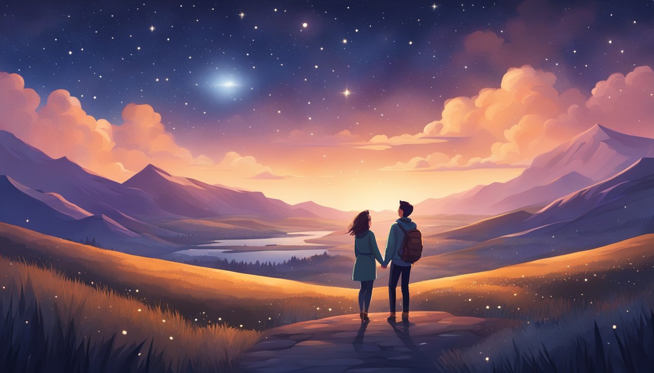 A young couple embraces under a starry sky, surrounded by a vast landscape and a sense of adventure