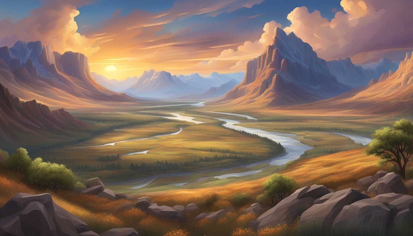 A sprawling western landscape with rugged mountains, vast prairies, and a winding river, all under a dramatic, colorful sky