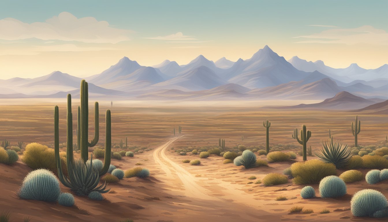 Dusty plains stretch to the horizon, dotted with cacti and rugged mountains in the distance. A lone wagon trail cuts through the landscape, hinting at the harsh journey ahead